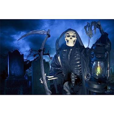 Imagem de Renaiss Roupão de fundo de Halloween Grim Reaper Esqueleto Foice da Morte Lâmpada de Fotografia de Crânio Fundo Sombrio Cemitério Lápide de Halloween Dress Up Festa Decoração de Festa 2,1 x 1,5 m