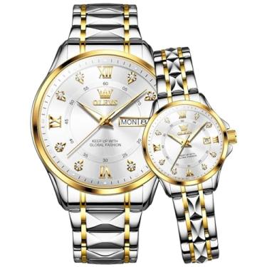 Imagem de OLEVS Relógio de pulso masculino e feminino analógico de quartzo masculino e feminino de aço inoxidável à prova d'água luminoso relógio de pulso com data, Dois tons e prata - casal branco