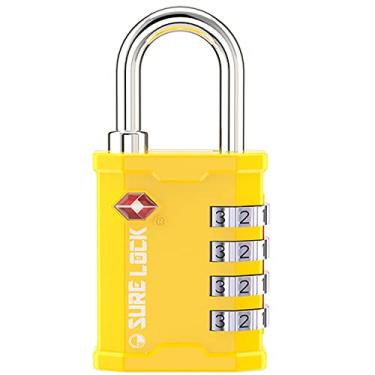 Imagem de SURE LOCK Cadeado de bagagem com combinação grande de 4 escavações TSA aceito com cadeado de viagem todo de metal para equipamento estojo rígido estojo de arma de bagagem armário de academia trava de cofre de pelicano (1, amarelo)
