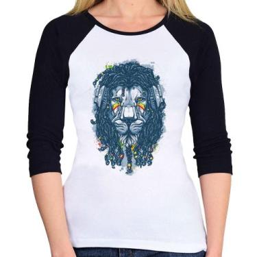 Imagem de Baby Look Raglan Leão Reggae Manga 3/4 - Foca na Moda, Branco, Preto, 