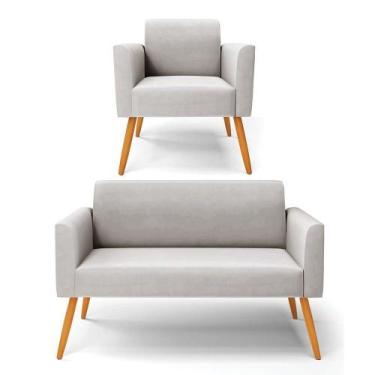 Imagem de Sofá Namoradeira Com Poltrona Pés Palito Castanho Marisa Veludo Cinza 