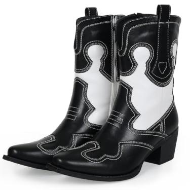 Imagem de gioanroca Botas de caubói feminina ocidental com salto grosso, bico fino, botas caubói, brancas, retalhos, modernas, costura caubói, bico fino, cano médio, Preto, 38