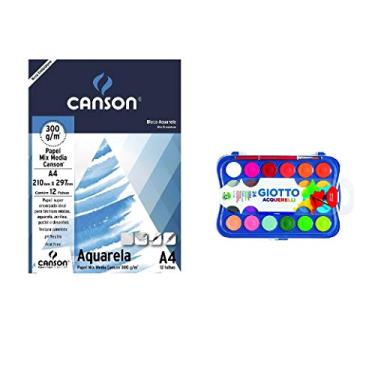 Imagem de kit Papel Canson Mix Media 300 A4 + Aquarela Pastilha 24 Giotto