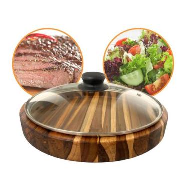 Imagem de Gamela Madeira Redonda 23Cm Churrasco Saladeira Tampa Vidro - Brasa St