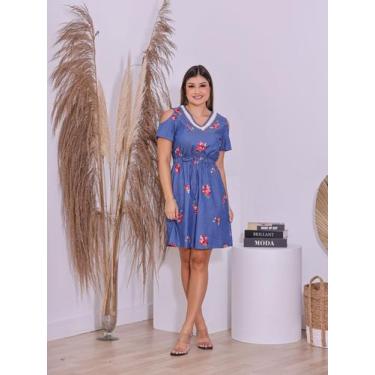 Imagem de Vestido Jeans Feminino Manga Ciganinha com Renda Decote Ombro a Ombro 
