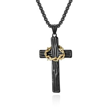 Imagem de Aprila Colar com cruz para homens, aço inoxidável, preto, prata, crucifixo de Jesus Cristo, joias religiosas, corrente de rolo de 60 cm, 60 cm, Sem Pedra Preciosa