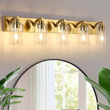 Imagem de ALAISLYC Luminárias De Banheiro Com 5 Luzes, Modernas Luzes De Vaidade Douradas Para Banheiro, Luminárias Sobre Espelho Com Cúpula De Vidro Transparente Para Armário, Espelho, Quarto, Corredor