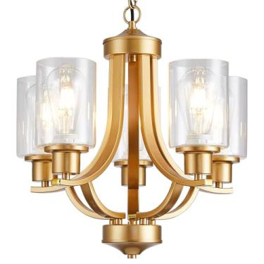 Imagem de TELAFLY Lustre De 5 Luzes Para Sala De Jantar, Lustre Pequeno Moderno, Dourado, Rústico, De Metal, Estilo Fazenda, Luminária Pendente De Teto Alto Para Sala De Estar, Cozinha, Hall De Entrada, Quar