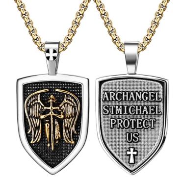 Imagem de Rofusn Colar de escudo de São Miguel Arcanjo: Medalha masculina punk prata ouro aço inoxidável proteção religiosa pingente amuleto joias presentes para aniversário de Páscoa, Aço inoxidável, Sem Pedra