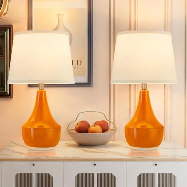 Imagem de GyroVu Conjunto De 2 Abajures De Mesa, Abajur De Cerâmica Clássico, Abajur De Cabeceira, Abajur De Mesa Moderno Para Sala De Estar, Quarto E Escritório, Interruptor De Balanço, Lâmpadas Led Laranja
