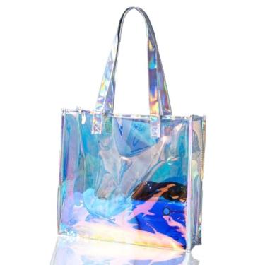Imagem de Woeoe Bolsa feminina transparente de praia grande, à prova d'água, iridescente, bolsa de ombro para eventos em estádios, viagens, piscina