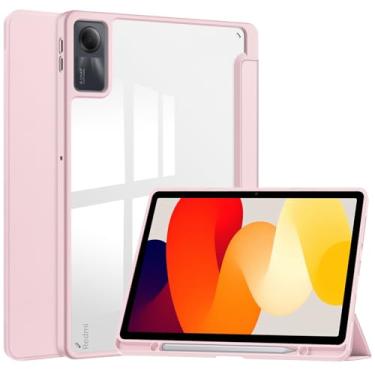 Imagem de TANOVCEP Capa para tablet Xiaomi Redmi Pad SE, capa fina de três dobras com suporte para caneta, capa à prova de choque com capa traseira transparente transparente para Redmi Pad SE, despertar