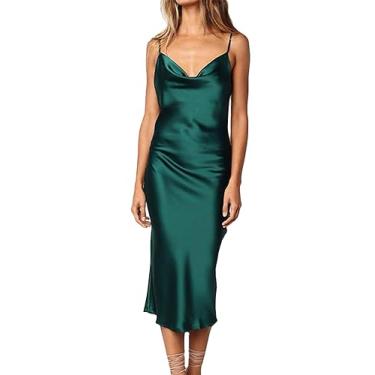 Imagem de xxxiticat Vestido feminino sem mangas com alças finas de cetim para coquetel praia noite festa gola drapeada leopardo midi vestidos, A-green, P