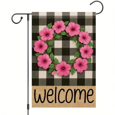 Imagem de Starlit Patio Guirlanda de boas-vindas xadrez búfalo bandeira de jardim bandeira de flor de petúnia rosa 30 × 45 cm decoração externa de primavera dupla face Bem-vindo para varanda, pátio, gramado
