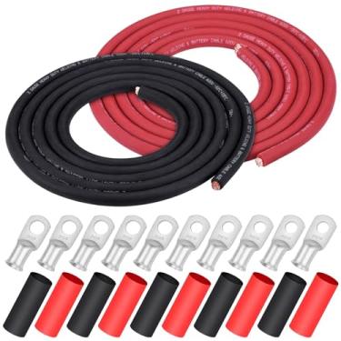 Imagem de iGreely Fio de calibre 2 AWG 3 m preto + bateria de soldagem vermelha de 3 pés cabo ultra flexível de cobre puro + 5 peças de conectores de terminal de cabo de cobre de 5/40.6 cm e 5 peças de