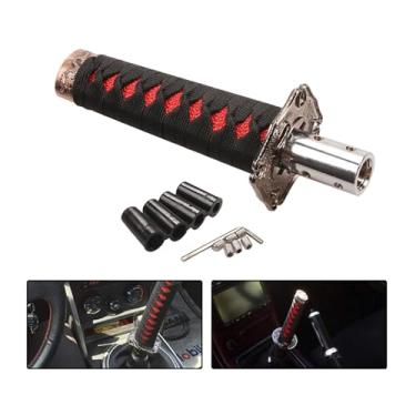 Imagem de Gseigvee 1 peça Katana Samurai cabeça de mudança de marcha, capa protetora de botão de câmbio de 15,5 cm com 4 adaptadores, alavanca de transmissão personalizada, universal para a maioria dos carros de transmissão manual (preto e vermelho)