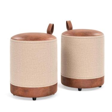 Imagem de Conjunto com 2 Puff Banquetas Euro Bege Estofado em Linho - Cal Moveis