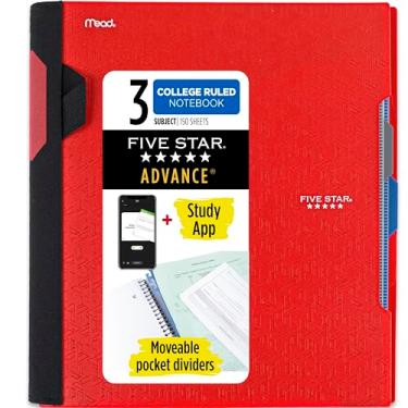 Imagem de Five Star Caderno espiral Advance Plus Study App, 3 assuntos, papel pautado universitário, 28 x 21 cm, 150 folhas, com protetor espiral e divisórias móveis, vermelho fogo, 1 unidade (73134)