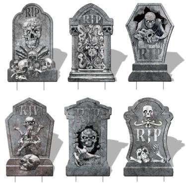 Imagem de Decoração de Halloween Lápide Placa de Quintal, 6 Peças Luminosas Ripadas de Halloween com Estaca de 33,7 cm Cemitério Grande Brilham no Escuro Lápide Sinais para Jardim Externo Gramado Jardim