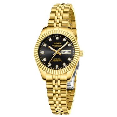 Imagem de NIBOSI Relógios femininos analógicos de quartzo de aço inoxidável com data luminosa à prova d'água delicada, clássico, luxuoso, diamante, elegante, relógio feminino para pulsos pequenos, Dourado