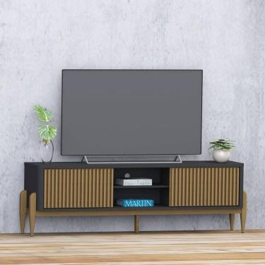 Imagem de Rack Sereno para TV 55” com Ripado 2 portas de correr 180cm Preto / Cedro