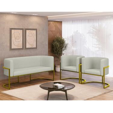 Imagem de Kit Sofá 2 Lugares e 2 Poltronas Lua Bouclê com Base Metal Gold