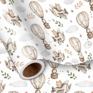 Imagem de LeZakaa Rolo de papel de embrulho de chá de bebê para crianças, animal caqui safári fofo, urso leão elefante pilotando avião, flutuando em balão de ar quente, para 1º aniversário, decoração de