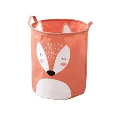 Imagem de Baú de Brinquedos Infantil Dobrável Quadrado – Organizador Multiuso com Estampa Animal, Porta Brinquedos para Quarto(roposa coral(redondo))