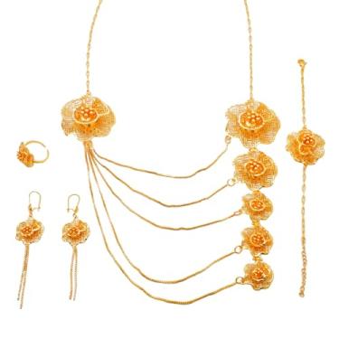 Imagem de GDJWRI Conjunto de joias banhadas a ouro, corrente de malha de luxo 18K com borlas, brincos de anel de pulseira de colar, formal feminino