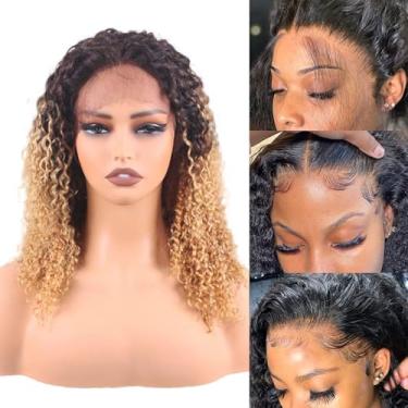 Imagem de ManeMajesty Peruca Frontal De Renda Crespa 18" Com Cabelo Humano, Densidade 180%, Afro, 13X4 Hd, 360°, Pré-Depilada, 12A, Sem Cola, Para Mulheres Negras, Tt1B/27 (Loira Preta)