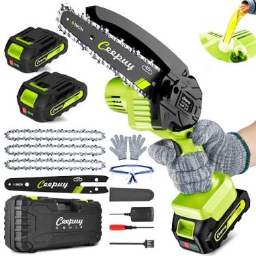 Imagem de CEEPUY Mini motosserra sem fio, serra elétrica portátil de 15 cm, lubrificador automático, pequena serra portátil alimentada por bateria, trava de segurança, corte de galhos de árvores, corte de