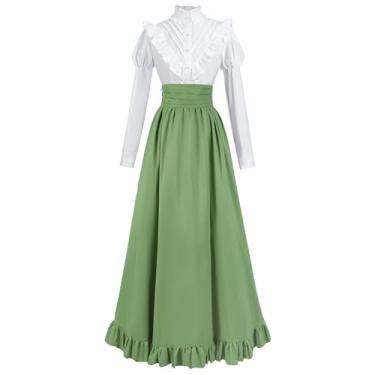Imagem de CR ROLECOS Vestido vitoriano, fantasia renascentista eduardiana, feminina, medieval, vintage, saia, vestido de baile, Halloween, GG, verde claro