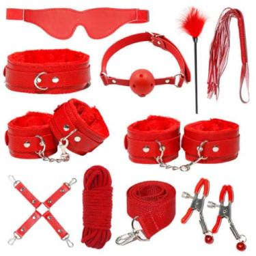 Imagem de Kit BDSM Bondage Completo Venda Chicote Algemas Coleira Guia Mordaça Corda Tornozeleira Erótico Fetiche Adulto (Vermelho)