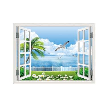 Imagem de Paisagem Impressões em Tela-Pássaro palmeira mar-Janela Falsa Quadro de Parede-Natureza Pintura para Decoração Banheiro 50x70cm Sem Moldura