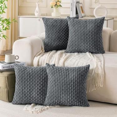 Imagem de Cozoomy Conjunto de 4 capas de almofada decorativas cinza cinza médio 66 x 66 cm de veludo cotelê para cama, sofá, sala de estar, capas de almofada quadradas macias