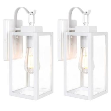 Imagem de LIT-PaTH Lanterna de parede externa, arandela de parede como luminária de varanda, base média E26 máx. 60W, metal antiferrugem com sombra de vidro, branco, pacote com 2