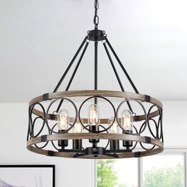 Imagem de Lustre de fazenda para sala de jantar lustres de tambor rústico preto claro 50,8 cm textura de madeira luminária pendente ajustável para cozinha ilha entrada quarto corredor