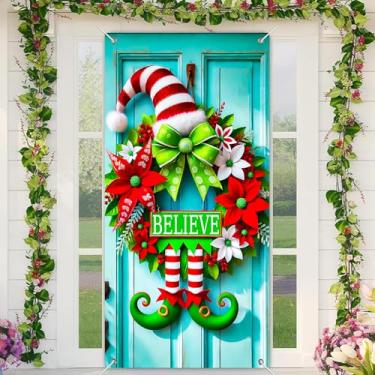 Imagem de BlissYard Capa de porta de Natal, guirlanda de pernas de elfo, decoração Believe 89 x 188 cm, faixa festiva para decoração de parede interna e externa, tecido de poliéster para meninas ou meninos