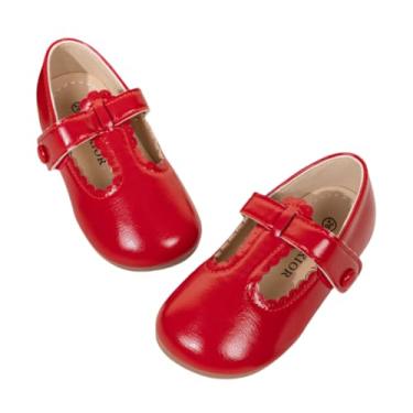 Imagem de Bellocasa Mary Jane Sapatos sociais para meninas pequenas, sapatilhas, bailarinas, flores, meninas, festa de casamento, laço, princesa, C, vermelho, 22