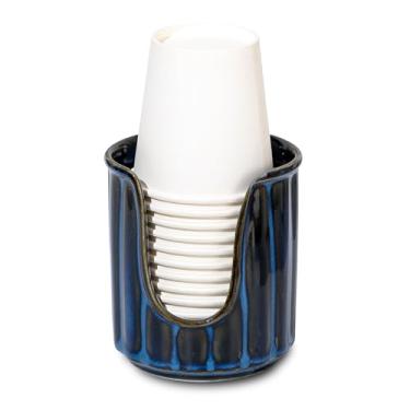 Imagem de TANEW Dispensador de copo de cerâmica para banheiro com listras verticais elegantes - Dispensador de copo Dixies e suporte de copo para enxaguante bucal comporta copos de papel de 85 g para enxaguar