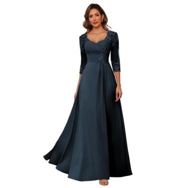 Imagem de Vestido para mãe da noiva AUSPORY Chiffon azul marinho com renda 2024