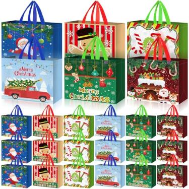 Imagem de Sweetude 24 peças de sacos de presente de Natal a granel 33 cm grande saco de Natal não tecido com alças árvore de Natal, Papai Noel, flocos de neve, boneco de neve, sacola para presente de Natal