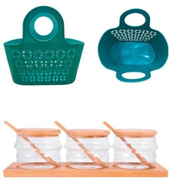 Imagem de Kit 3 Porta tempero e Colher de Madeira e Sacola Ecológica - JOCENTER 