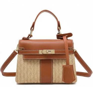 Imagem de Maycred Bolsa feminina de tecido de palha, bolsa de mão, bolsa transversal de praia, moda verão bolsa de praia, Marrom, Medium, Tendência