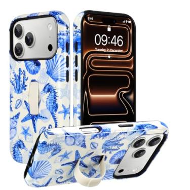 Imagem de Ufbara Capa compatível com iPhone 17 Pro Max, design bonito e brilhante com concha do mar, alça de pulso ajustável, suporte de mão, suporte, suporte, à prova de choque, capa rígida (azul)