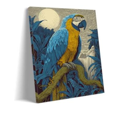 Imagem de Arte de parede em tela de arara tropical - decoração de parede de selva de papagaio azul e amarelo vibrante - decoração de casa paisagem paisagem paisagem de pássaro à luz do luar (tela enrolada 4,6