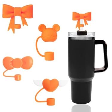 Imagem de 4 peças de tampas de palha laranja compatíveis com copos Stanley de 30 e 1,134 g, protetores de tampas de canudo de silicone fofos reutilizáveis para copos Stanley de 10 mm acessórios de canudo