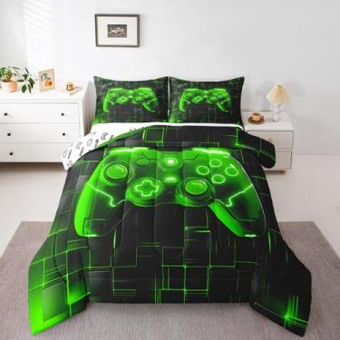 Imagem de Conjunto de edredom Manfei Kids Gaming King Size Green Grid Games