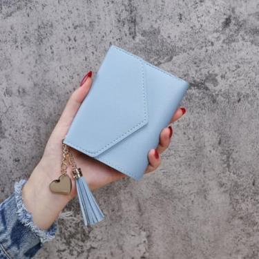 Imagem de Carteira pequena feminina ultrafina de couro PU com suporte para cartão de crédito, embreagem e borla pendente, Azul, Tendência