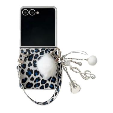 Imagem de GANGANPRO Capa de couro leopardo para Samsung Galaxy Z Flip6, capa fina à prova de choque de nível militar com pulseira de couro PU para mulheres, branca
